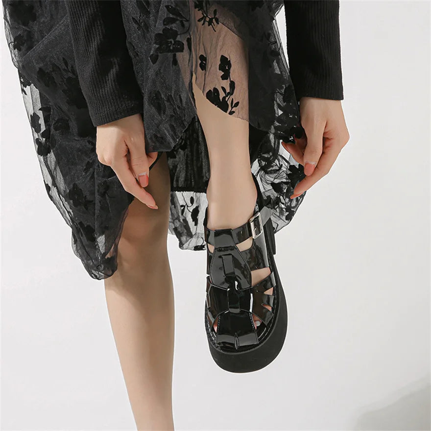 Women Fashion Thick Sole Buckle Flip Flops Patent Leather Hollow Baotou Casual Shoes High Heels Female Platform Outdoor Slippers